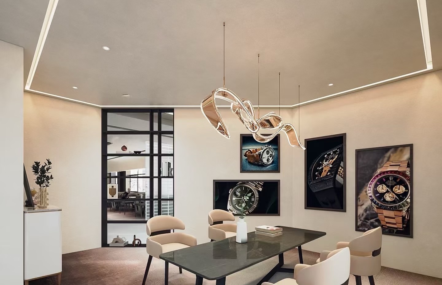 The WATCHMILL meeting room — conversation framed by large-format watch photography